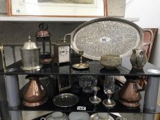 2 Shelves of Silver plate, copper and glass etc.