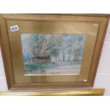 A framed and glazed watercolour rural scene with shepherd and sheep, signed R E Tapp.