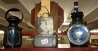3 railway signal lamps, B.R. (M) and LNER (with coloured glass).