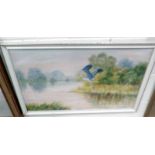 A framed oil on board depicting a stork in flight, signed B Cox.