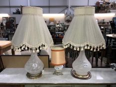 2 good glass table lamps and a small polished stone table lamp.