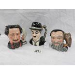 3 Royal Doulton character jugs being Charlie Chaplin, Charles Dickens and Merlin.