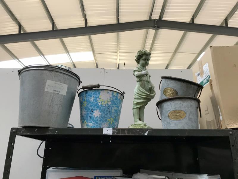 A quantity of garden pails and a garden statue of a young girl