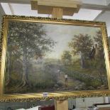 A gilt framed oil on canvas rural scene featuring boys in a stream.