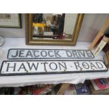 2 vintage pressed aluminium road signs 'Jeacock Drive' and 'Hawton Road'