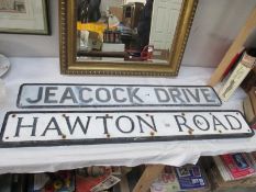 2 vintage pressed aluminium road signs 'Jeacock Drive' and 'Hawton Road'