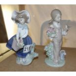 2 Lladro figurines being a girl with basket of flowers and a girl with flowers and bird.