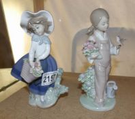2 Lladro figurines being a girl with basket of flowers and a girl with flowers and bird.