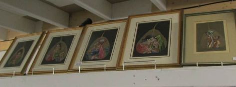 5 framed and glazed Indian portrait paintings on leaves.