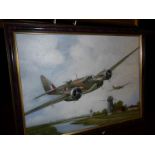An oil on board painting of 2 Blenheim bomber airplanes flying over windmills, signed Jack 97.