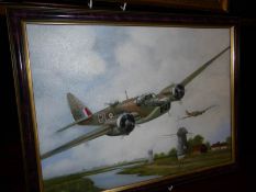 An oil on board painting of 2 Blenheim bomber airplanes flying over windmills, signed Jack 97.