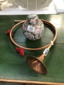 A copper horn and a Chinese cloisonne ginger jar