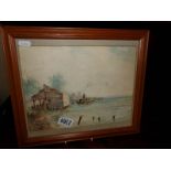 A framed watercolour of a harbour scene with steamboat, sailing ships and hut, monogrammed H. W.