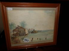 A framed watercolour of a harbour scene with steamboat, sailing ships and hut, monogrammed H. W.