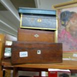 2 mahogany boxes, a jewellery box and an old tin.