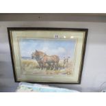 A framed and glazed print of shire horses