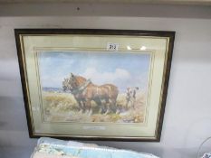 A framed and glazed print of shire horses