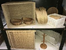 2 shelves of wicker items incl. linen bin etc.