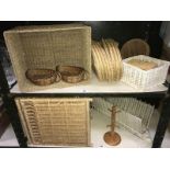 2 shelves of wicker items incl. linen bin etc.