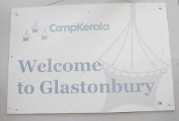 A Campkerala 'Welcome to Glastonbury' sign