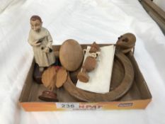 Quantity of treen wooden items including a figure