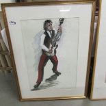 An early 1960's framed and glazed watercolour of Bill Wyman (Rolling Stones) playing bass guitar by