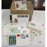 A box of first day covers, most with slogans.