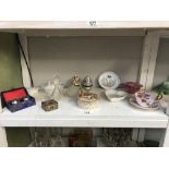 A mixed lot Including Aynsley cup and saucer, Wedgwood, glass perfume bottles, art glass etc.