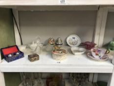 A mixed lot Including Aynsley cup and saucer, Wedgwood, glass perfume bottles, art glass etc.