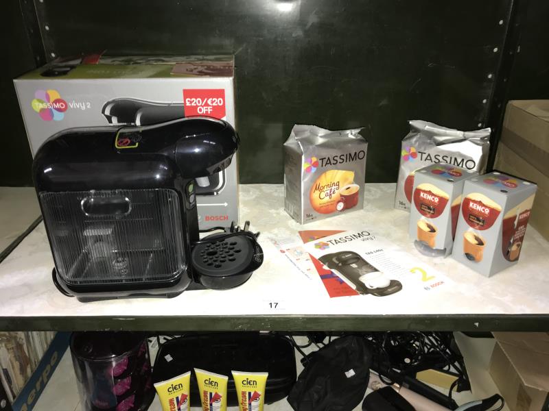 A Tassimo Vivy 2 One Button coffee maker and 47 coffee pods (as new)