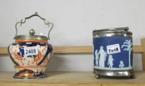 2 19th century biscuit barrels including Wedgwood Jasper Ware example.