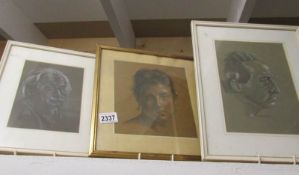 3 framed and glazed portraits, one signed Francesca Hall.