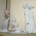 3 Lladro figurines being a nun, a lady with parasol and a girl with basket of flowers (flowers a/f).