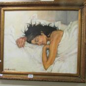 Rupert Bonham Carter signed oil on canvas of a young lady sleeping on a bed.