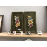 Painted bisque flowers on felt wall mounts and floral posy ornaments