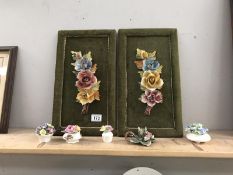 Painted bisque flowers on felt wall mounts and floral posy ornaments