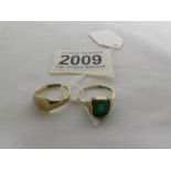 A 9ct gold ring set green stone, size K and a 9ct gold signet ring, size M.