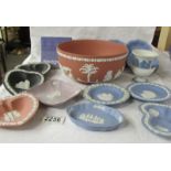 A Wedgwood pink Jasper ware bowl and various coloured pin dishes.