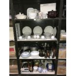 4 shelves of kitchenalia incl. bread maker and a 38 piece dinner set etc.