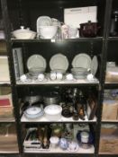 4 shelves of kitchenalia incl. bread maker and a 38 piece dinner set etc.