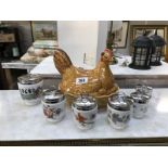 A Sadler pottery hen egg dish and 6 Royal Worcester egg coddlers (various sizes)