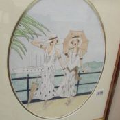 A watercolour painting of 2 1920's ladies in an art deco setting, signed B Minter.