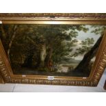 A framed oil on canvas painting of a period costumed man sat by a wooded waters edge, (unsigned,