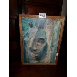 A Harrison oil on linen canvas painting of a head appearing through a veil in various shades of