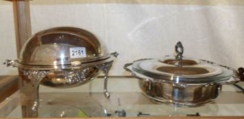 A Newport silver plate lidded tureen with glass liner and a silver plate muffin warmer.