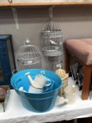 2 birdcage plant holders, 2 large glass candle holders etc.