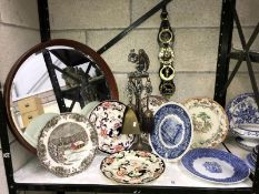 A quantity of cabinet plates, a companion set, horse brasses and a mirror.