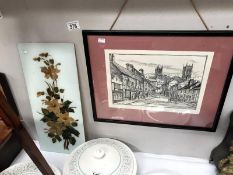 A framed and glazed engraving and a floral painting on glass.