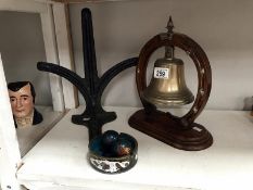 A brass bell on stand (no gong), cast iron wall bracket etc.