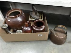 3 lustre pottery pots, a brass trivet, a copper kettle, a flat iron etcf.